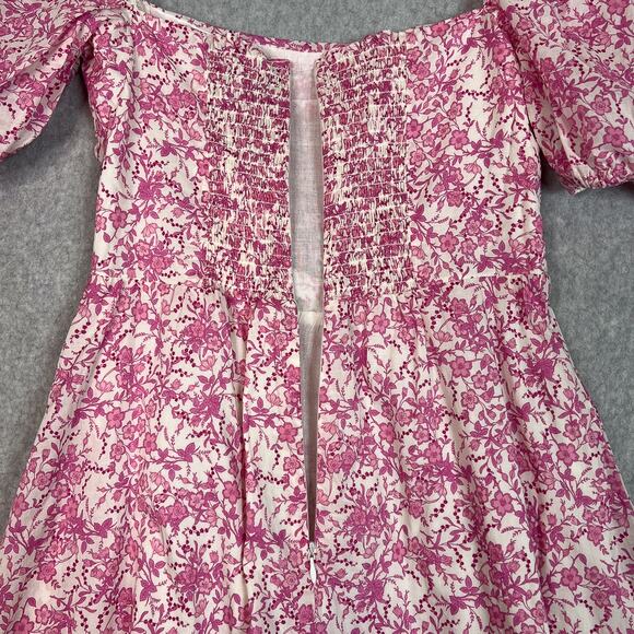 O.P.T Pink Floral Square Neck Short Puff Sleeve Midi Dress Size Small - Picture 9 of 11